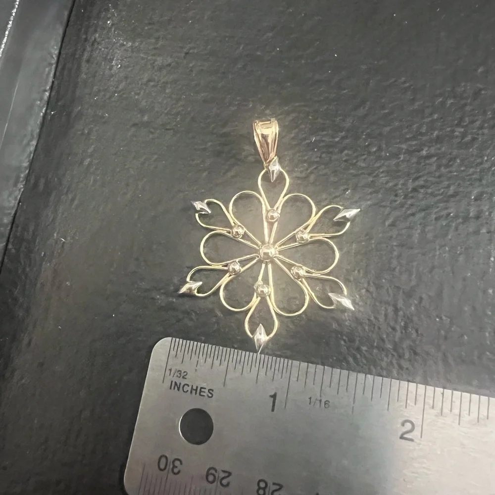 Solid 14k Two Tone Gold Open Work Snowflake Pendant - Picture 2 of 3